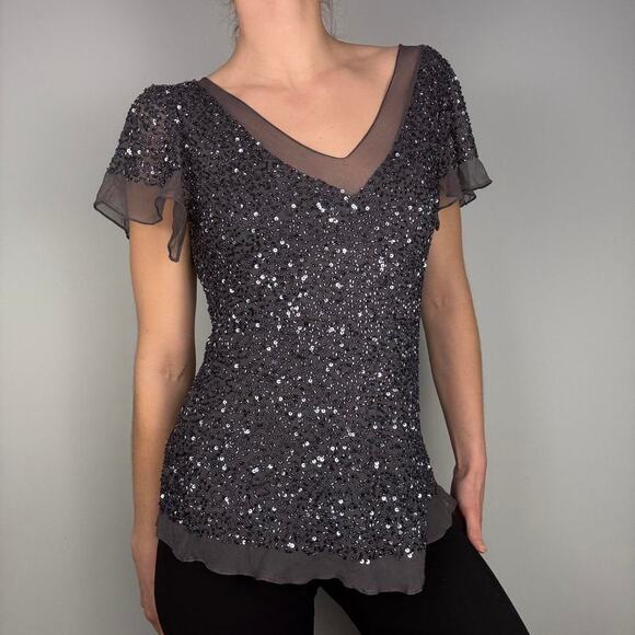 Silk beaded sequin statement top v neck formal size small Liz Jordan - Picture 3 of 8